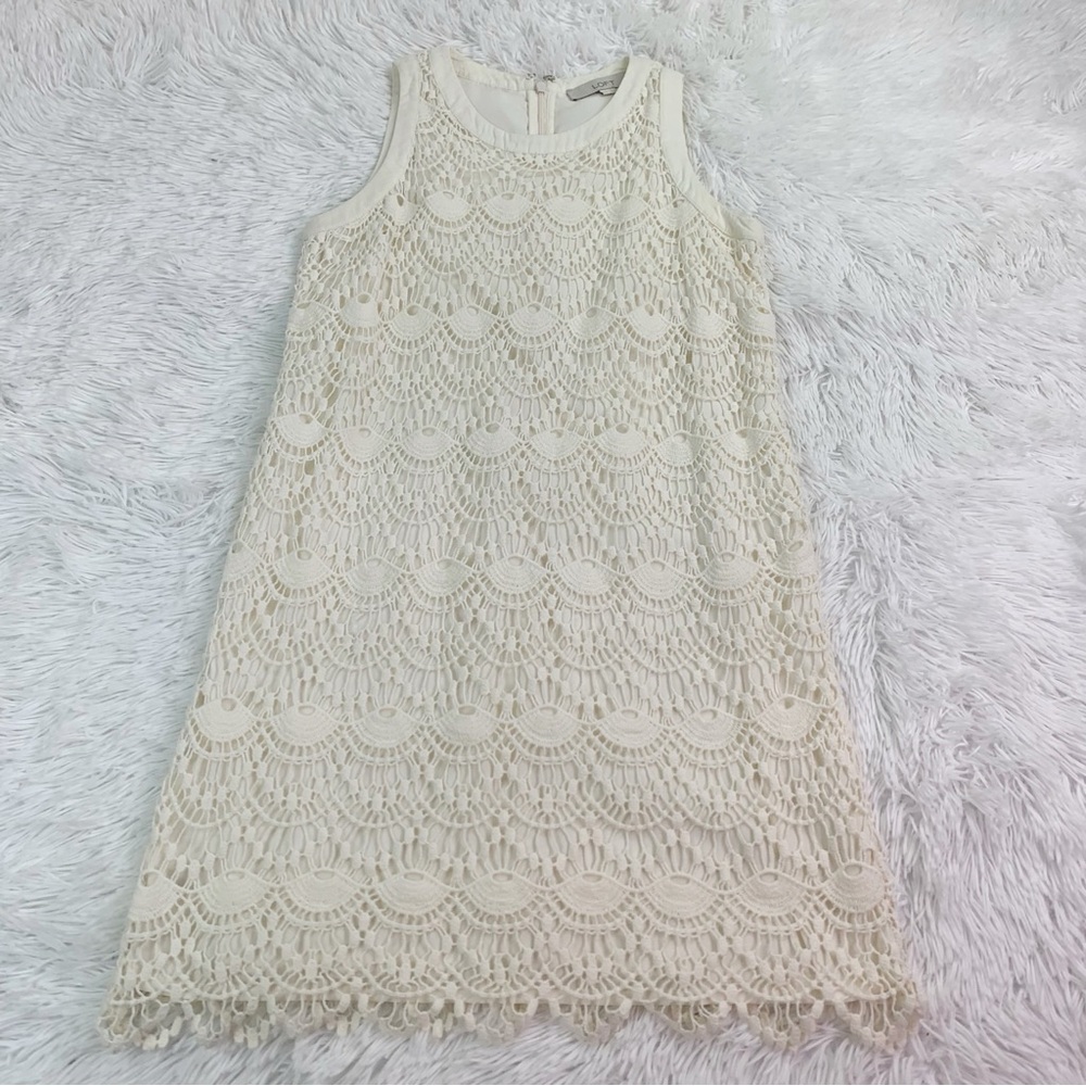 Loft petite sleeveless round neck scallop lace crochet shift dress in ivory